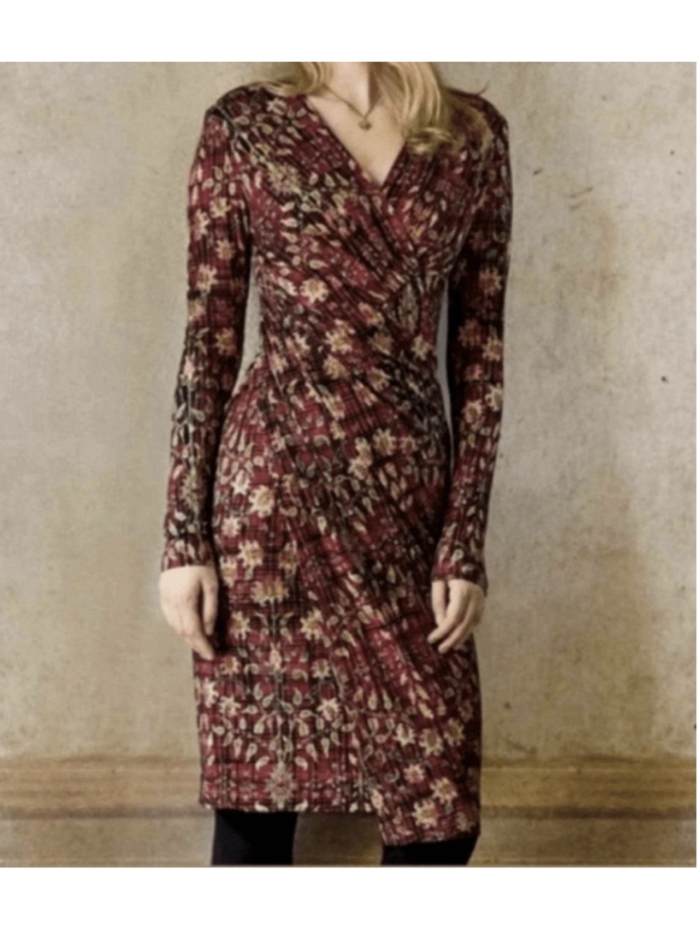 Peruvian Connection Ainsley Midi Dress MED Floral Vines Ruched V-Neck Faux Wrap